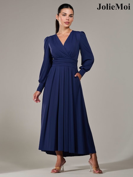 Jolie Moi Blue Petite Petite Long Sleeve Soft Silky Jersey Maxi Dress (G00633) | 470 QAR