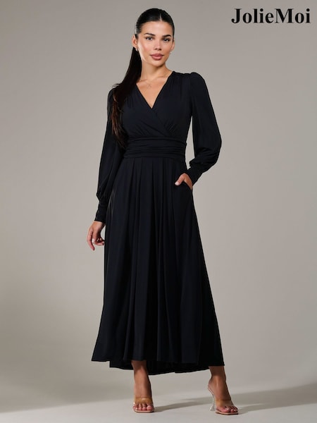 Jolie Moi Black Petite Petite Long Sleeve Soft Silky Jersey Maxi Dress (G00640) | €146