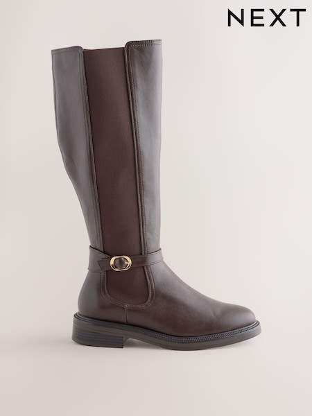 Chocolate Brown Extra Wide Fit Forever Comfort® Round Toe Buckle Detail Knee High Boots (G00789) | €85