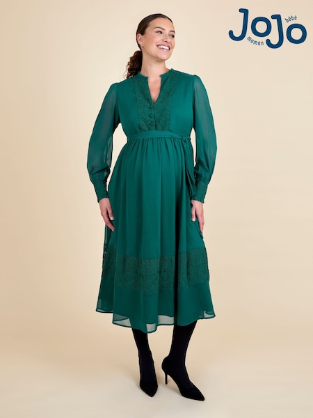 JoJo Maman Bébé Green Pleated Lace Hem Maternity Midi Dress (G00816) | €115