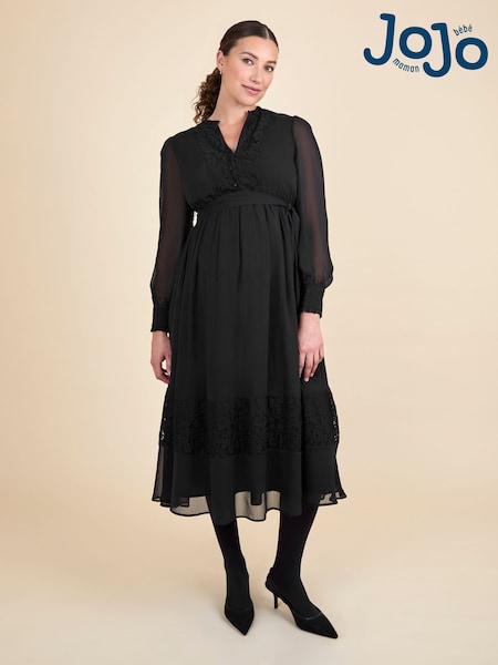 JoJo Maman Bébé Black Pleated Lace Hem Maternity Midi Dress (G00824) | €121