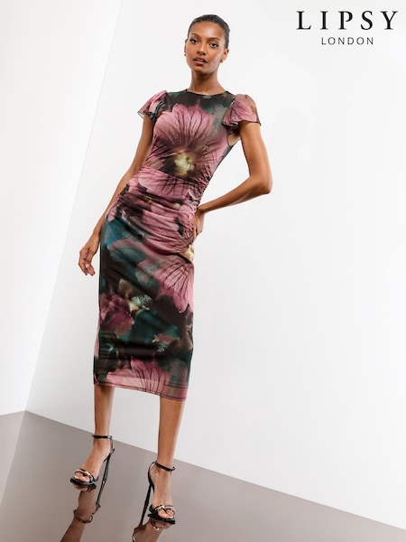 Lipsy Black Cape Sleeve Mesh Bodycon Midi Dress (G00943) | €76