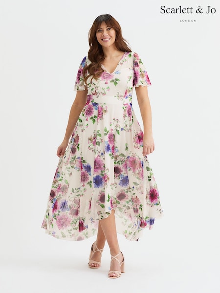 Kermanvaalea - Scarlett & Jo Tilly Wine Rose Printti; kuvio Enkeli Sleeve Sweetheart Mekko (G00946) | €142