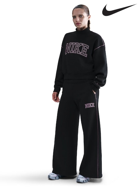 Nike Black Phoenix Fleece Wide Leg Graphic Print Logo Joggers (G01095) | €78