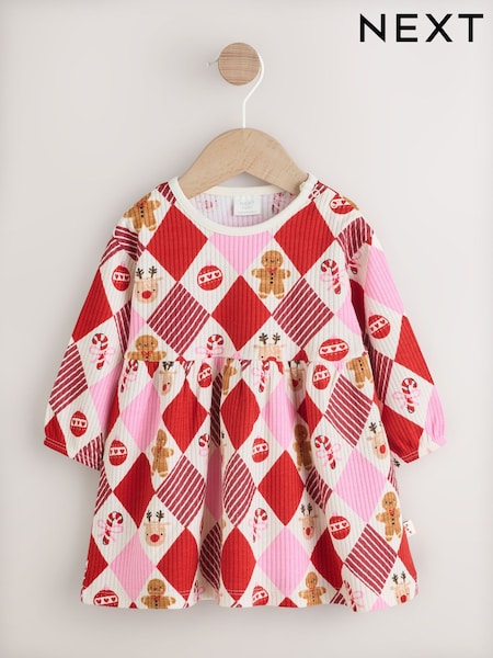 Red/Pink Harlequin Character Baby Christmas Jersey Dress (0mths-2yrs) (G01137) | 49 QAR - 59 QAR
