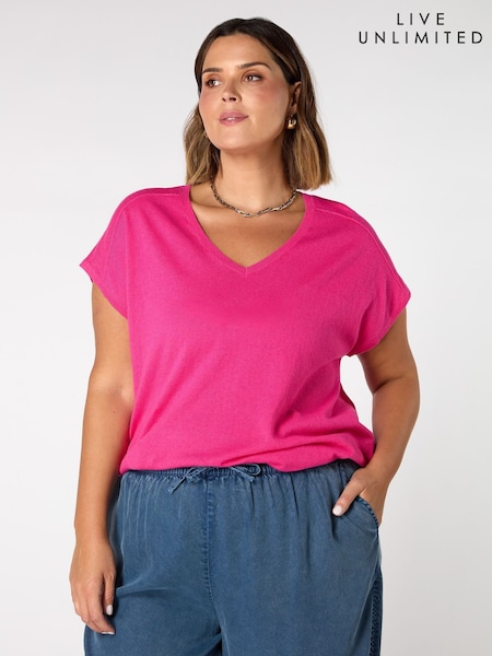 Live Unlimited Pink Curve Linen Blend V-Neck Knitted Top (G01182) | €83