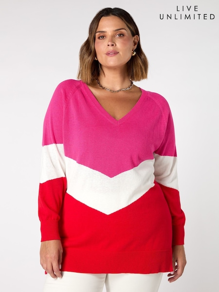 Live Unlimited Pink Curve Knitted V-Neck Relaxed Jumper (G01184) | €113