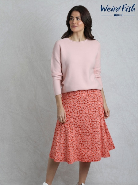 Weird Fish Red Romaro Printed Jersey Godet Midi Skirt (G01235) | €53
