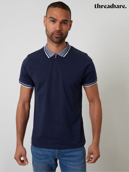 Threadbare Blue Birdseye Collar Quarter Zip 100% Cotton Polo Shirt (G01386) | R$ 230