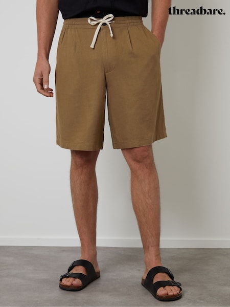 Threadbare Brown Loose Fit Linen Blend Pleated Shorts (G01543) | € 37