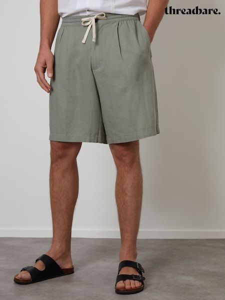 Threadbare Green Loose Fit Linen Blend Pleated Shorts (G01545) | €37