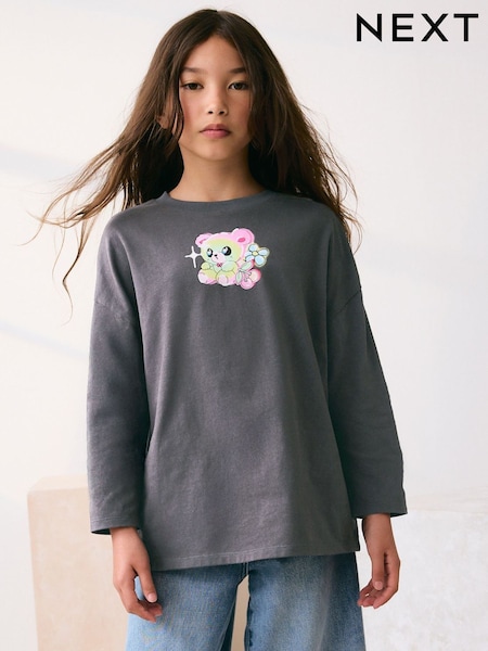 Charcoal Grey Bear Long Sleeve Graphic Top (3-16yrs) (G01669) | €8.50 - €15