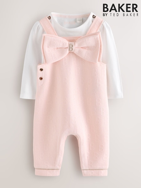 Baker by Ted Baker Pink Jacquard Bow Dungarees & T-Shirt Set (G01670) | €45 - €50