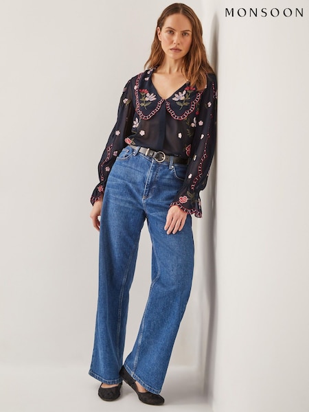 Monsoon Black Laila Sheer Embroidered Collar Blouse (G01686) | AED533