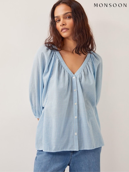 Monsoon Blue Avery Stripe 100% Cotton Blouse (G01701) | $86