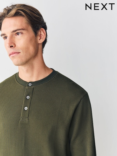 Green Long Sleeve Grandad Collar 100% Cotton T-Shirt (G01719) | 129 QAR