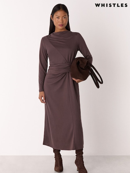Whistles Brown Petite Ruched Detail Midi Dress (G01892) | €171