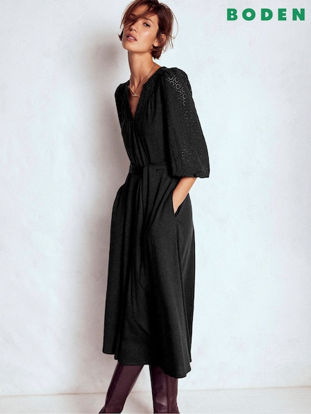 Boden Black Eden Broderie Jersey Dress (G02277) | €176