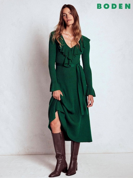 Boden Green Ruffled Rib Henley Dress (G02297) | €228