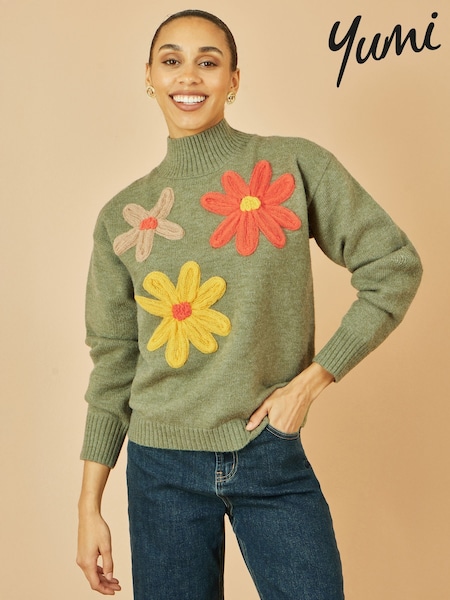 Yumi Green Knitted High Neck Jumper With Appliqué Flowers (G02535) | €58