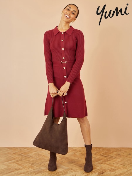 Yumi Red Rib Knit Midi Shirt Dress With Snaffle Belt (G02543) | 322 QAR