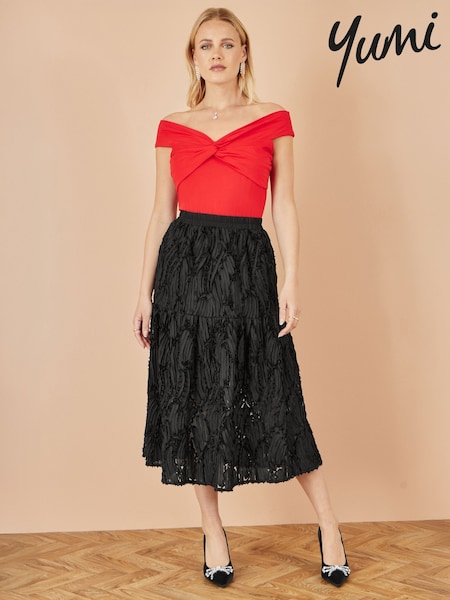 Yumi Black Mesh Applique Sequin Midi Skirt (G02545) | €80