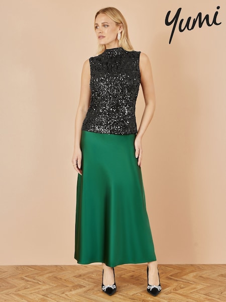 Yumi Green Satin Midi Skirt (G02548) | AED233