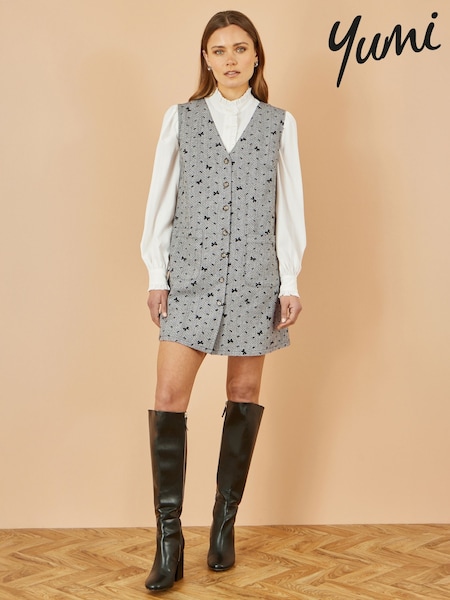 Yumi Grey Bow Print Pinafore Dress With Button Up (G02563) | R$ 590