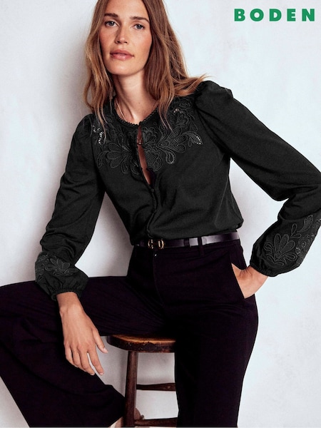 Boden Black Cutwork Detail Jersey Blouses (G02708) | €123