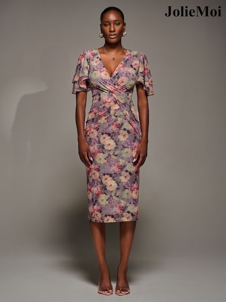 Jolie Moi Purple Print Mesh Angel Sleeve Bodycon Midi Dress (G04047) | €90