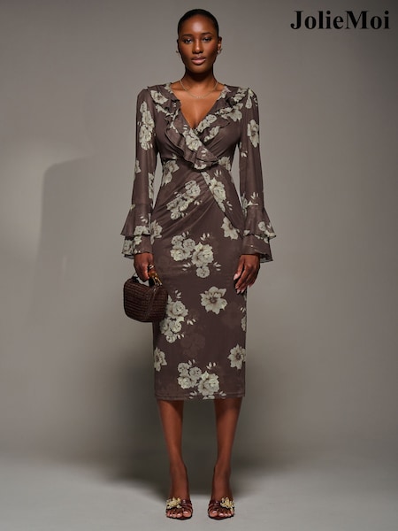 Jolie Moi Brown Frill Sleeve Pleated Wrap Midi Dress (G04059) | €95