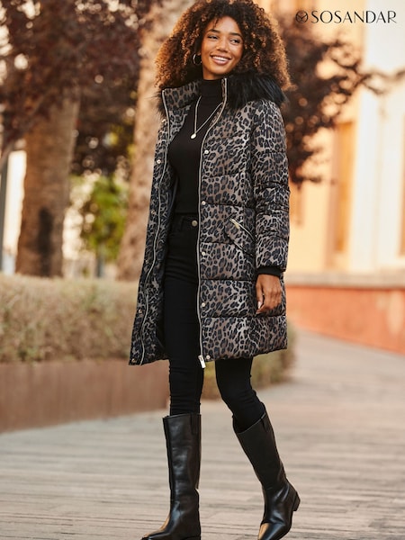 Sosandar Brown Leopard Print Faux Fur Trim Padded Coat (G04568) | R$ 1.335