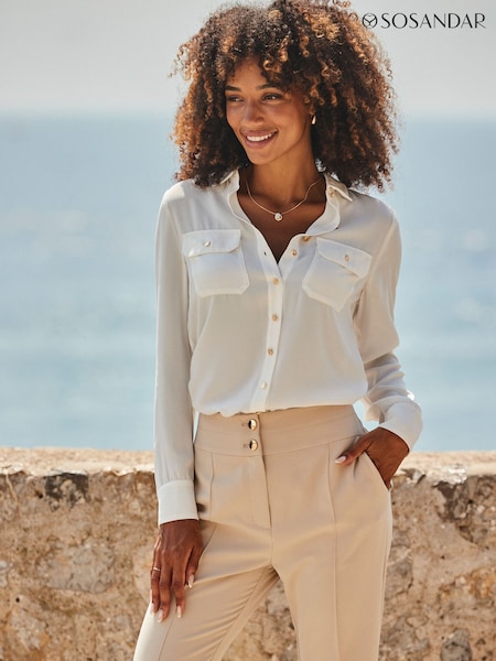 Sosandar White Luxe Gold Detail Fluid Shirt (G04585) | €65
