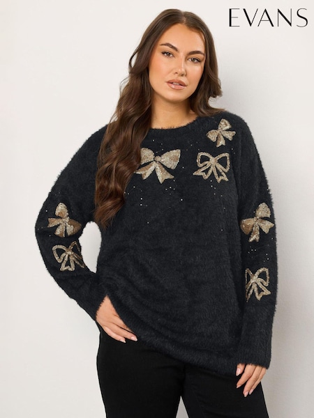 Evans Fluffy Sequin Bow Black Jumper (G04645) | €63