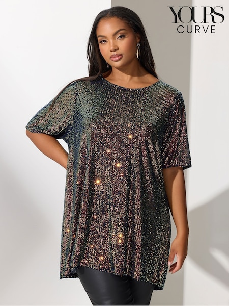 Yours Curve Black London Multi Sequin T-Shirt (G04651) | €64