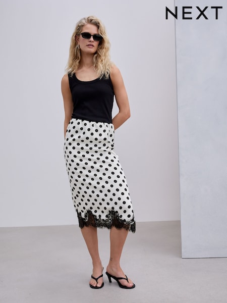 Cream/Black Spot - Satin Midi Skirt With Lace Trim