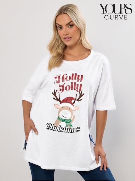 Yours Curve White Christmas Holly Jolly Top (G04885) | AED140