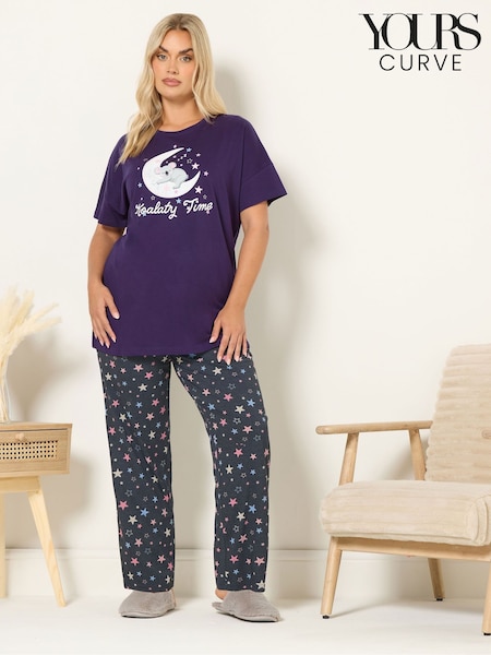 Yours Curve Purple Koalaty Time Short Sleeve Wide Leg Pyjamas Set (G04898) | €36