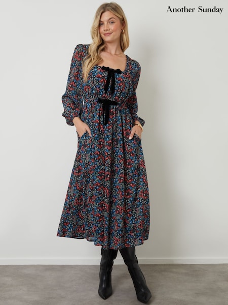 Another Sunday Black Bow Detail Milkmaid Midi Dress (G05221) | €78