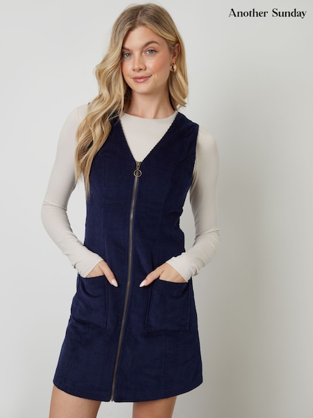 Another Sunday Blue Corduroy Zip Through Mini Dress (G05225) | 223 QAR