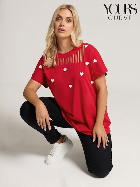 Yours Curve Red Printed Heart Slash Top (G05227) | €38