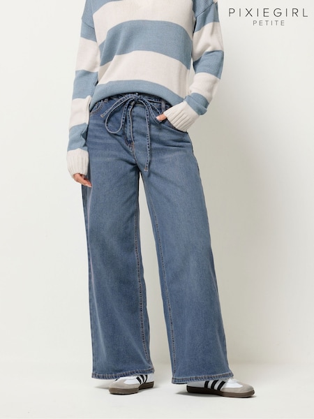 PixieGirl Petite Blue Selfbelt Stretch Wide Leg Jeans (G05237) | R$ 395