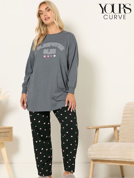 Yours Curve Grey Sleepover Club Long Sleeve Wide Leg Pyjamas Set (G05244) | €44