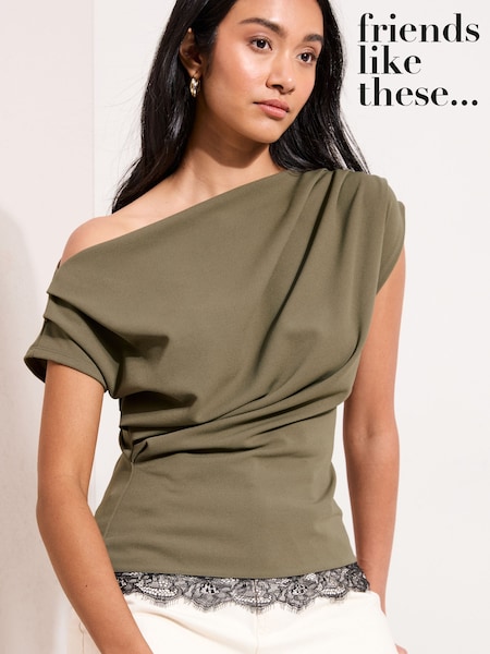 Friends Like These Green Lace Hem Draped Off The Shoulder Top (G05432) | $65