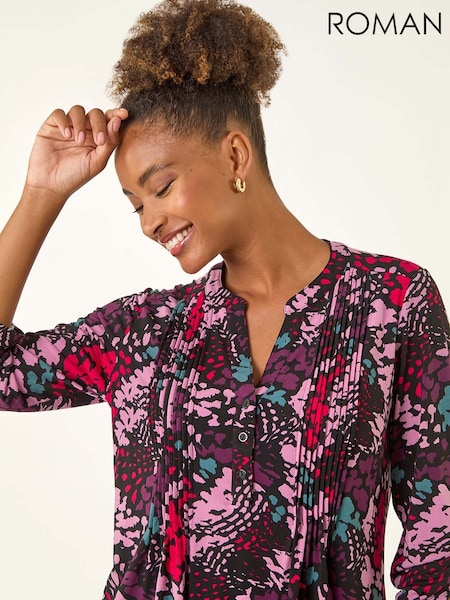 Roman Pink Abstract Animal Print Pintuck Shirt (G05444) | €53
