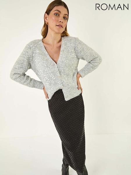 Roman Black Diamante Stretch Pencil Midi Skirt (G05478) | 223 QAR