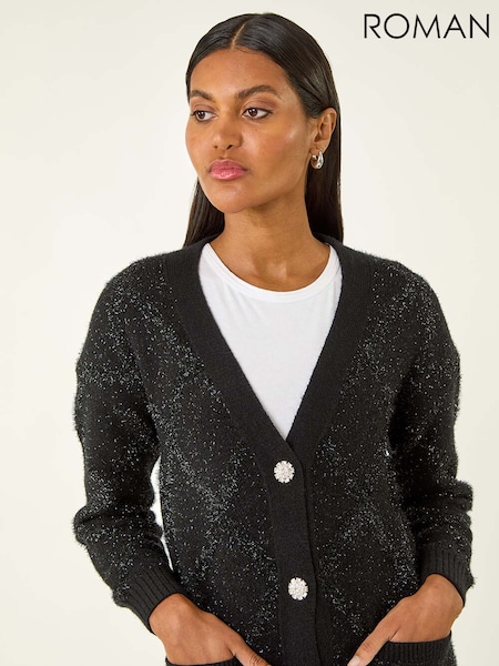 Roman Black Longline Tinsel Knit Cardigan (G05479) | €73