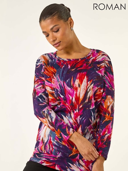 Roman Blue Floral Print Bubble Hem Stretch Blouse (G05488) | €48