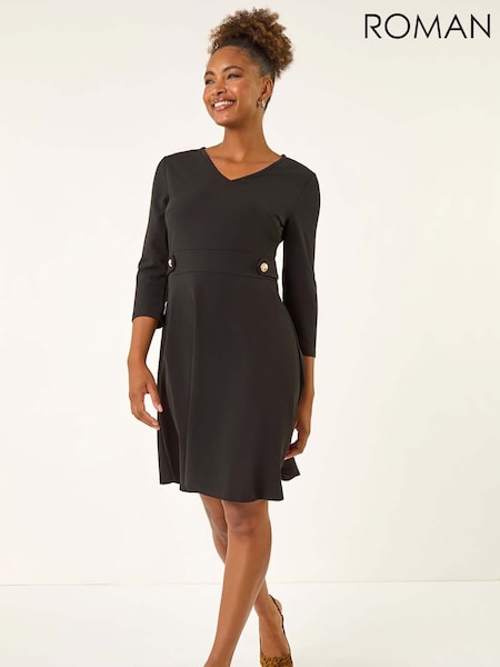 Roman Black V-Neck Buttoned Stretch Dress (G05490) | €60