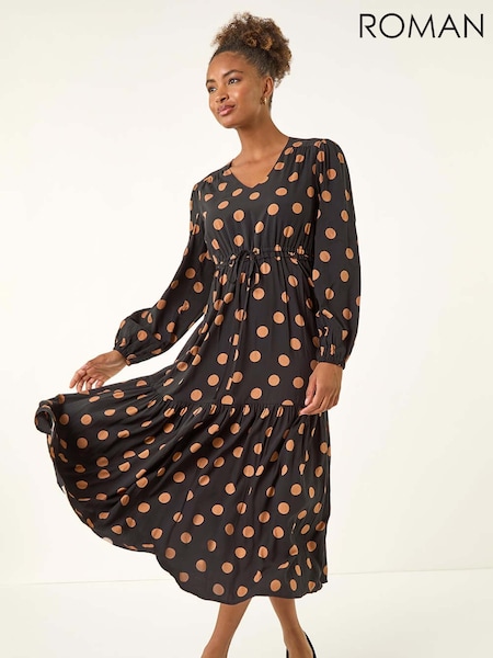 Roman Black Polka Dot Stretch Midi Dress (G05497) | €73